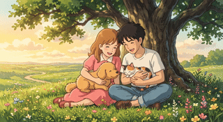 Animación estilo Studio Ghibli de un perrito y un gatito corriendo hacia su dueño